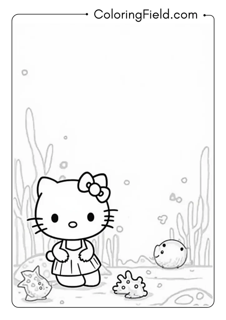 Hello Kitty exploring an underwater kingdom with friendly sea creatures and coral reefs