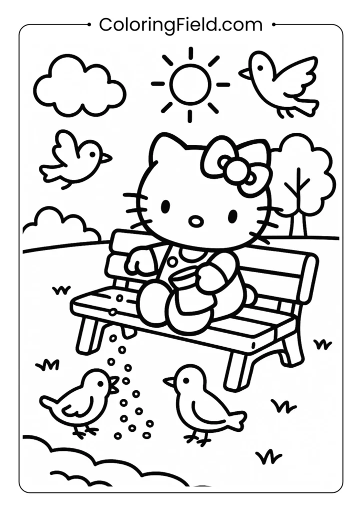 Hello Kitty sits peacefully on a park bench, happily feeding seeds to a group of small, friendly birds on the ground.
