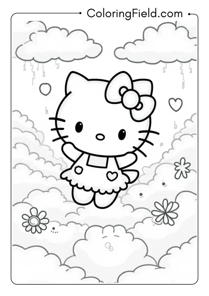 Hello Kitty floating through a cloud kingdom with surreal elements 