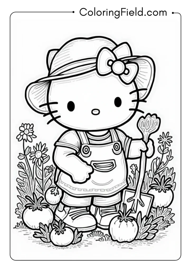 Hello Kitty gardening, surrounded by various flowers, vegetables, and gardening tools with a cute sun hat
