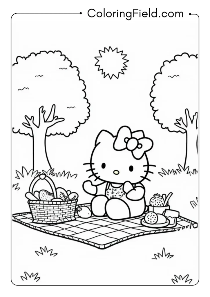 Hello Kitty having a picnic in a lush park with a checkered blanket, basket, and assorted snacks