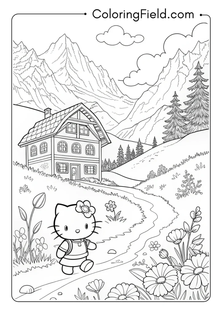 Hello Kitty hiking in the Swiss Alps with mountains, wildflowers, and a chalet