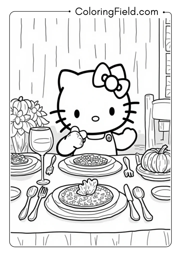 Hello Kitty hosting a Thanksgiving dinner with elaborate table setting 