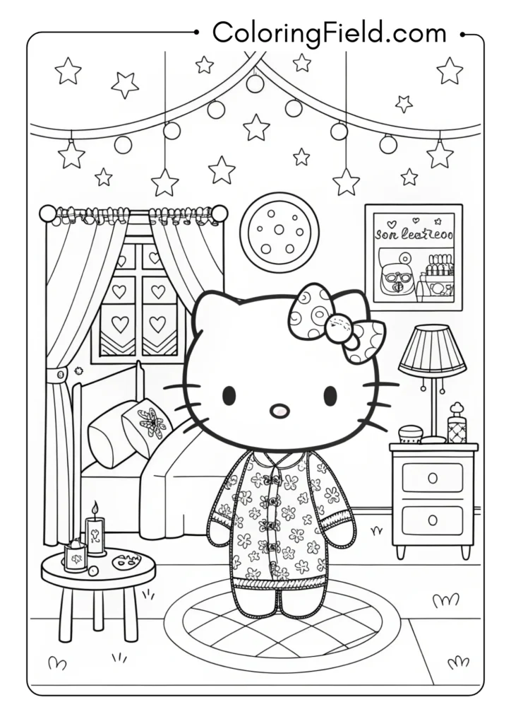 Hello Kitty hosting a sleepover with detailed pajamas and bedroom decorations