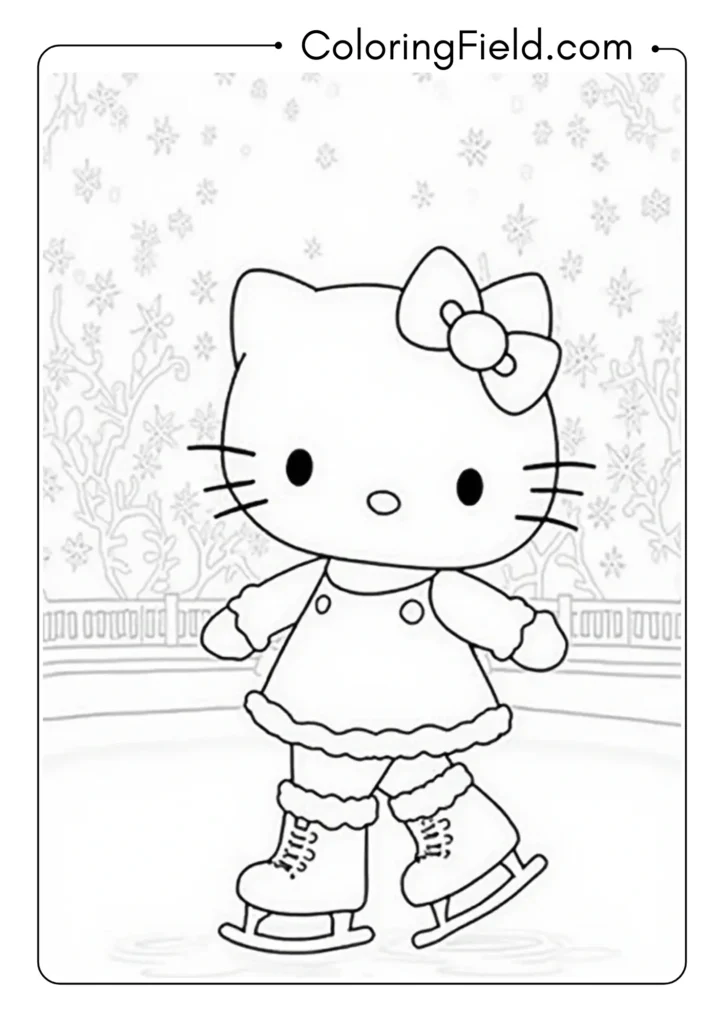 Hello Kitty ice skating in an elaborate winter rink with decorative elements 