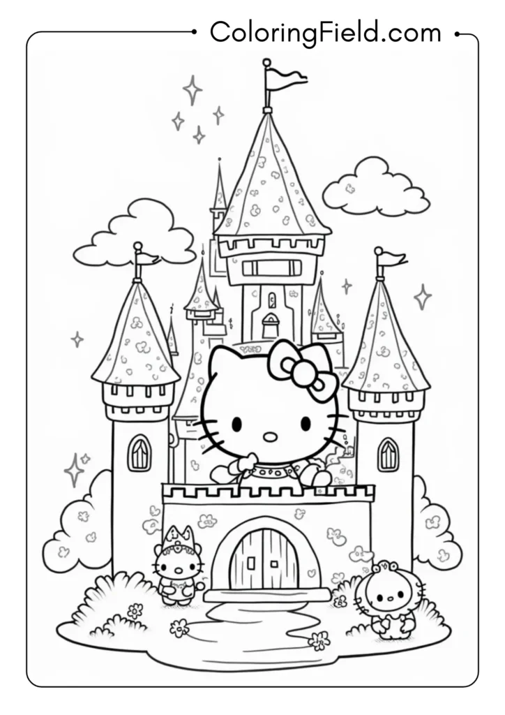Hello Kitty in a fairy tale castle with detailed turrets, magical creatures, and sparkling windows