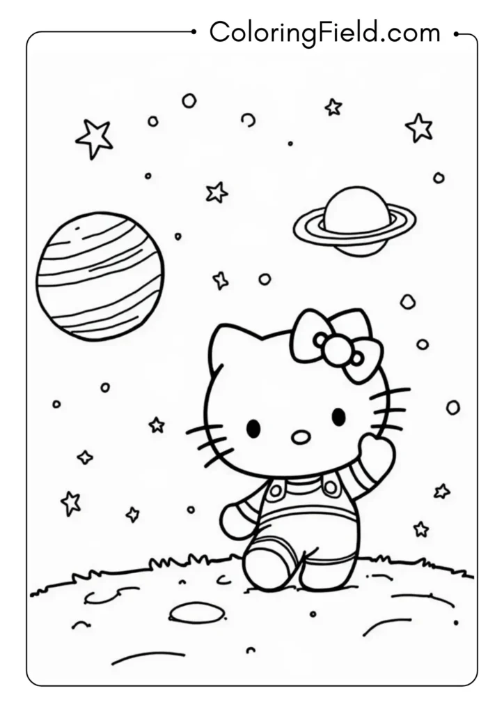 Hello Kitty in a space adventure with planets, stars, and cute alien friends