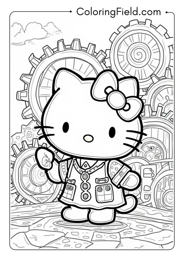 Hello Kitty in a steampunk-inspired world with complex machinery 