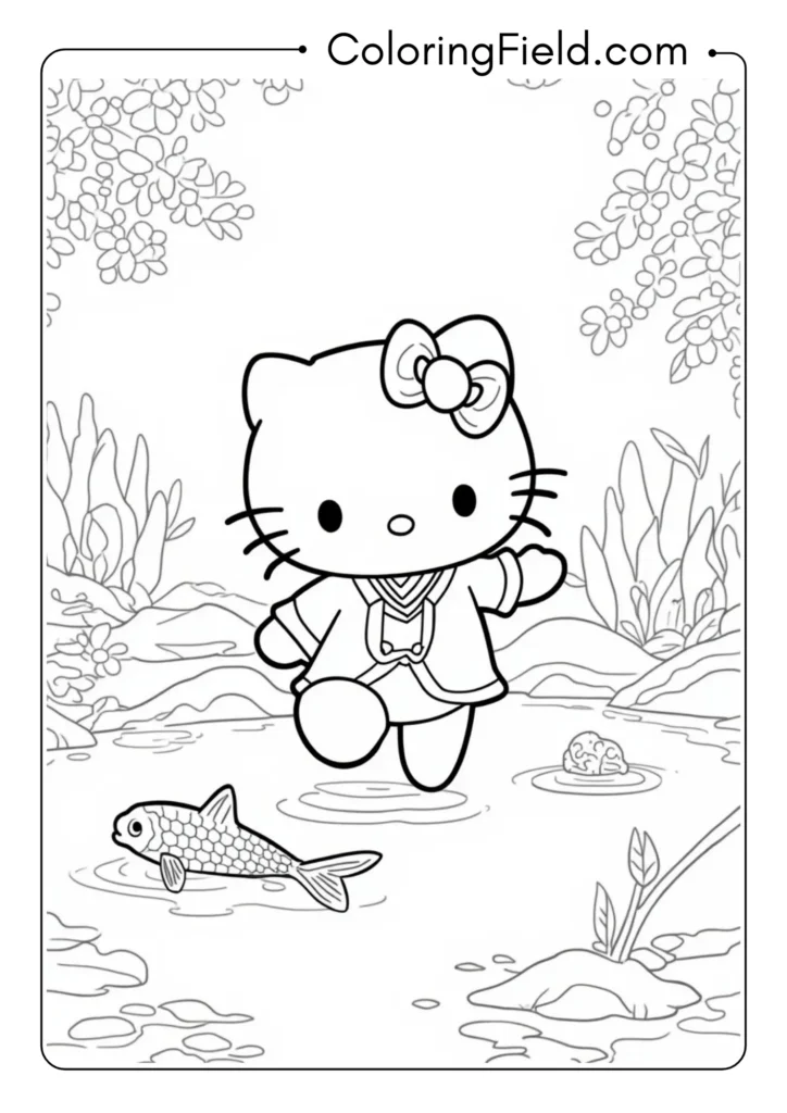 Hello Kitty in a traditional Japanese garden with cherry blossoms and koi pond 