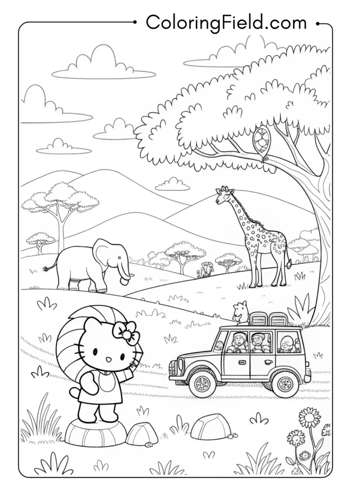 Hello Kitty in a wildlife safari with various animals and landscape elements
