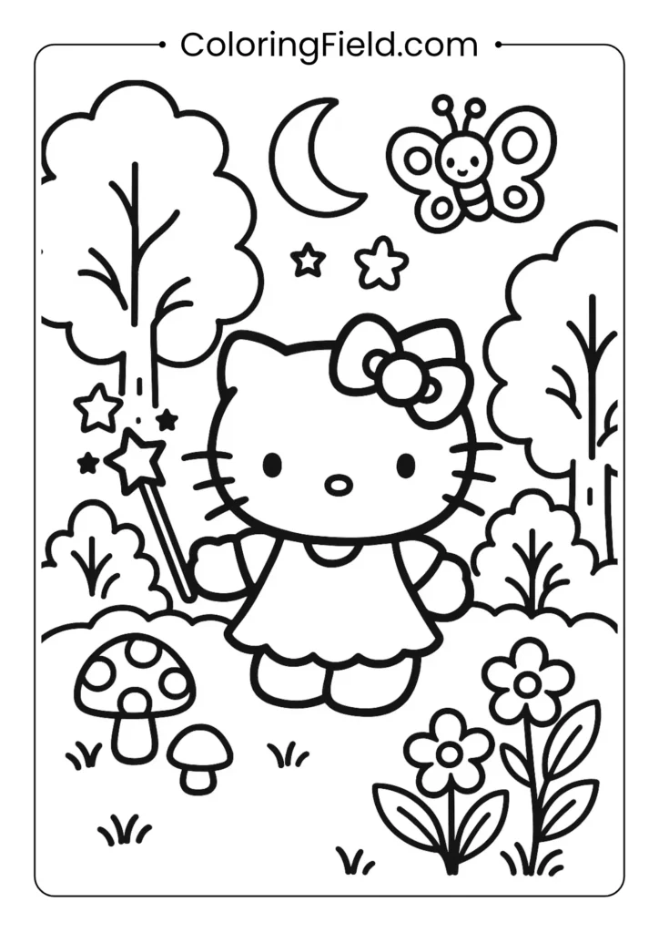 Hello Kitty explores a magical forest filled with glowing mushrooms, whimsical trees, and friendly woodland creatures.