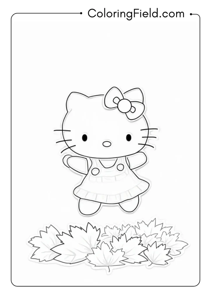 Hello Kitty jumping in autumn leaves with a pile of colorful maple and oak leaves around her