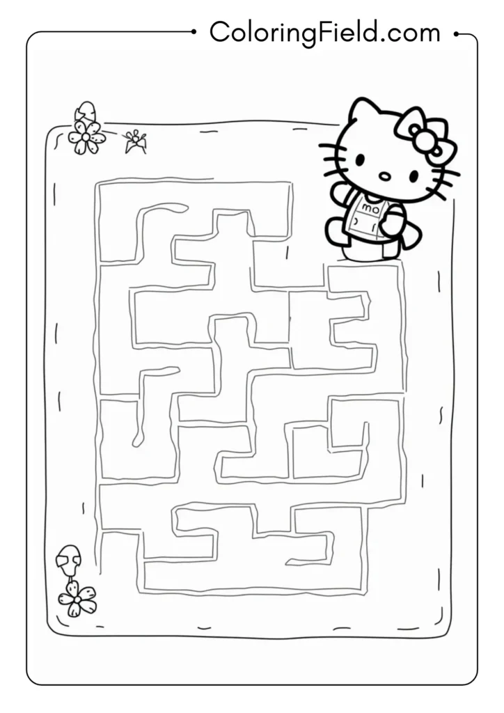 Hello Kitty navigating a complex maze with intricate pathways 