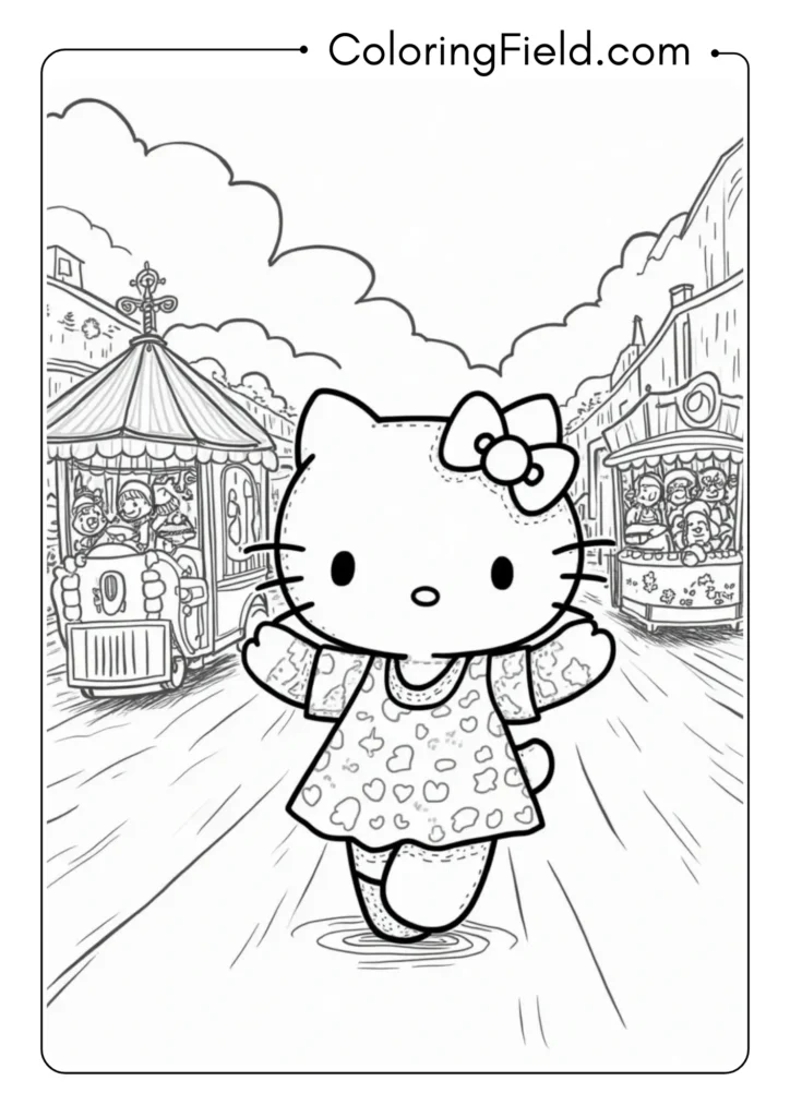 Hello Kitty participating in a Fourth of July parade with detailed floats 