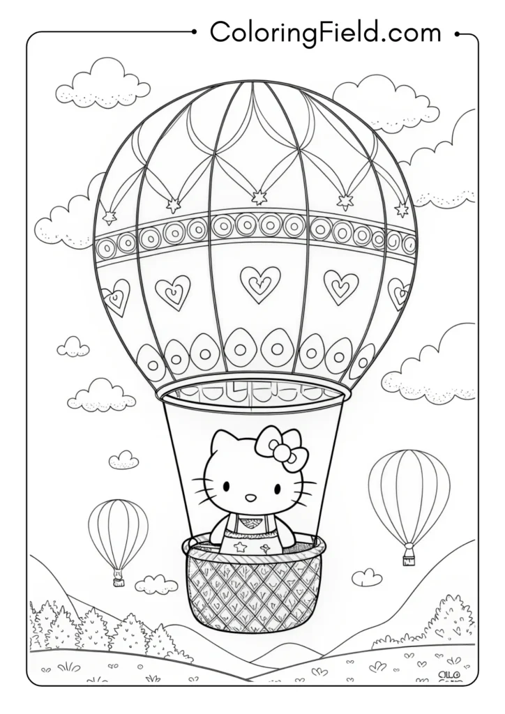Hello Kitty piloting a hot air balloon with intricate basket and sky details