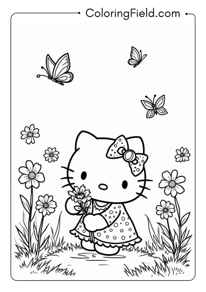 Hello Kitty planting spring flowers in a garden with butterflies and blooming cherry blossoms