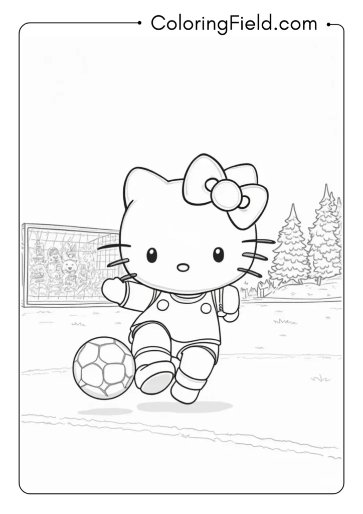 Hello Kitty playing soccer with a detailed soccer field and cheering friends 
