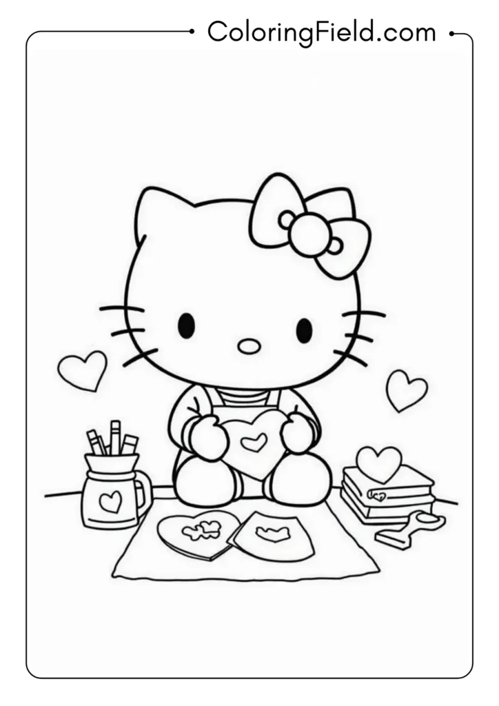 Hello Kitty preparing Valentine's Day cards with hearts and crafting materials 