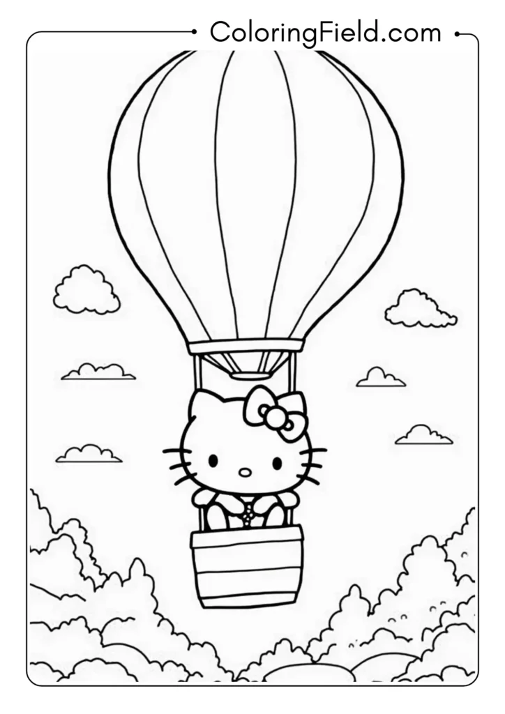 Hello Kitty riding a hot air balloon over a magical landscape with floating islands