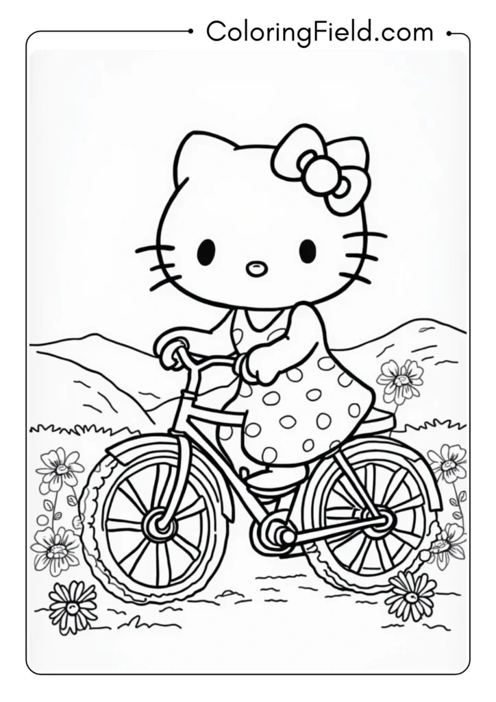 Hello Kitty riding a vintage bicycle through a charming countryside with flowers and rolling hills in the background