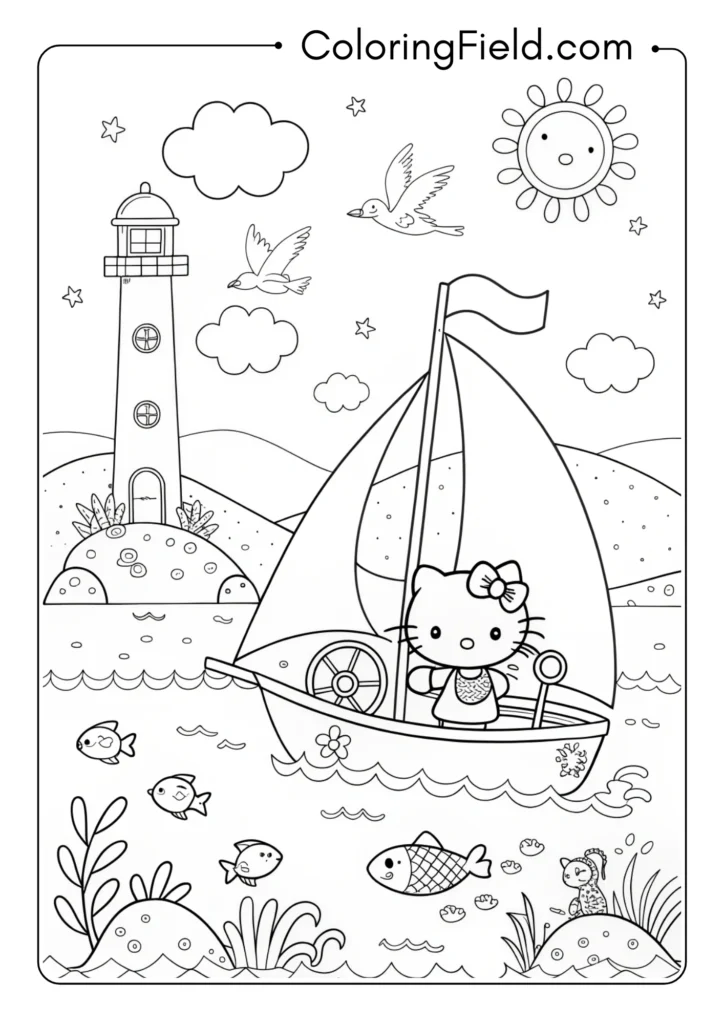 Hello Kitty sailing a boat with nautical elements and marine life