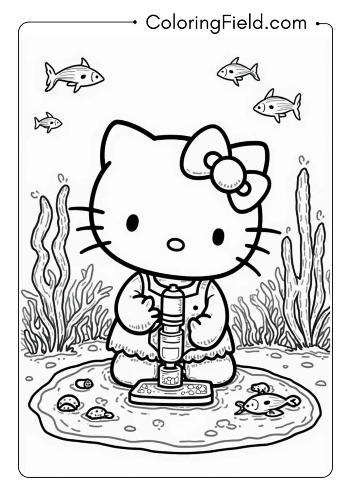 Hello Kitty studying marine biology with complex underwater research setup 