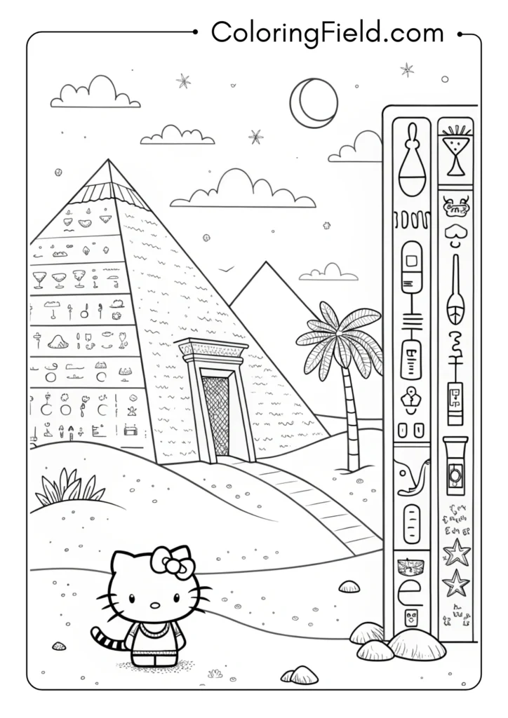 Hello Kitty visiting an Egyptian pyramid with hieroglyphics and desert landscape