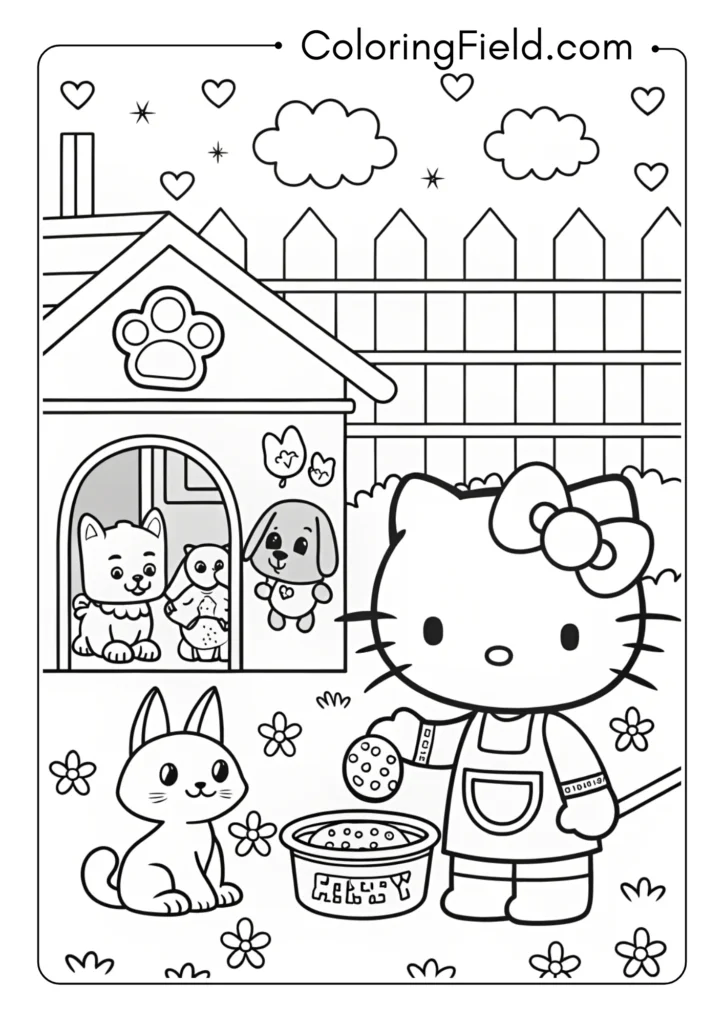 Hello Kitty volunteering at an animal shelter with various cute animals