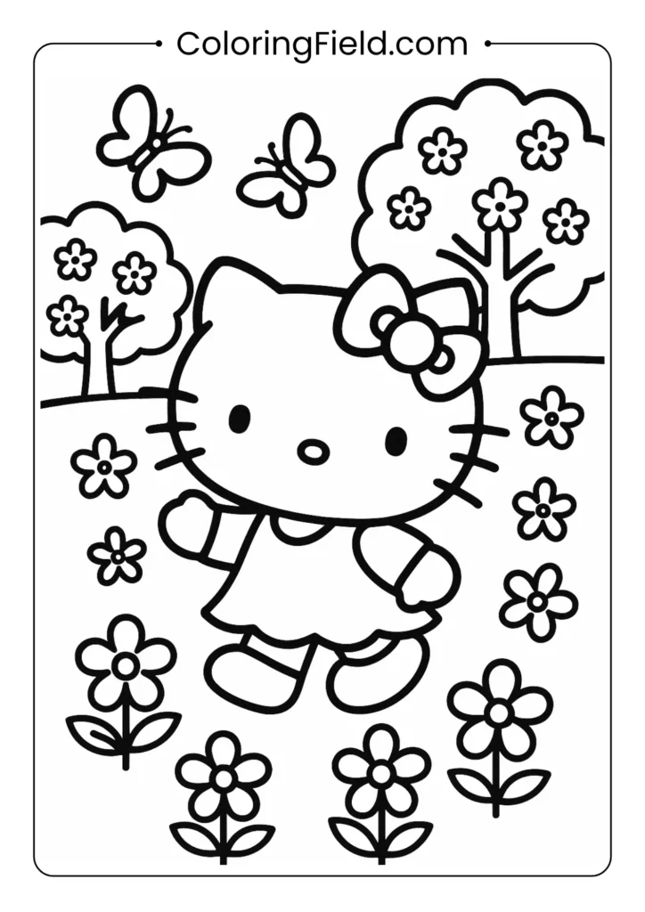 Hello Kitty joyfully walks through a field of flowers with butterflies fluttering around her and cherry blossom trees in the background.
