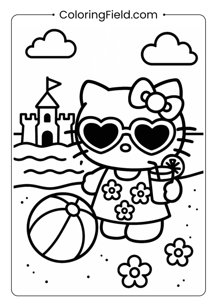 Hello Kitty, wearing sunglasses, enjoys a beach party with a sandcastle, a beach ball, and the ocean in the background.