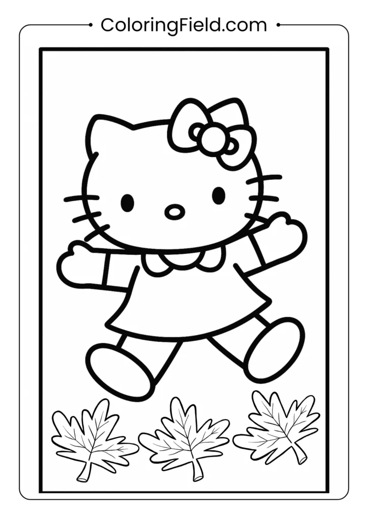 A happy Hello Kitty is captured mid-air, jumping with her arms and legs spread out in a joyful pose.