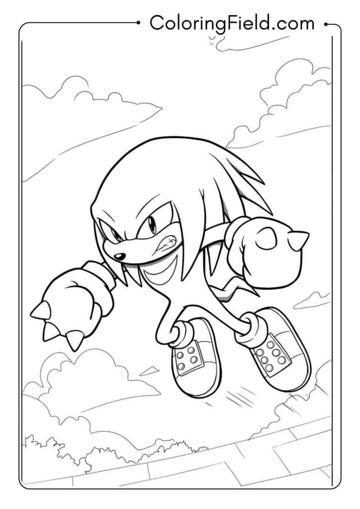 Knuckles gliding through the air with dreadlocks spread, action scene