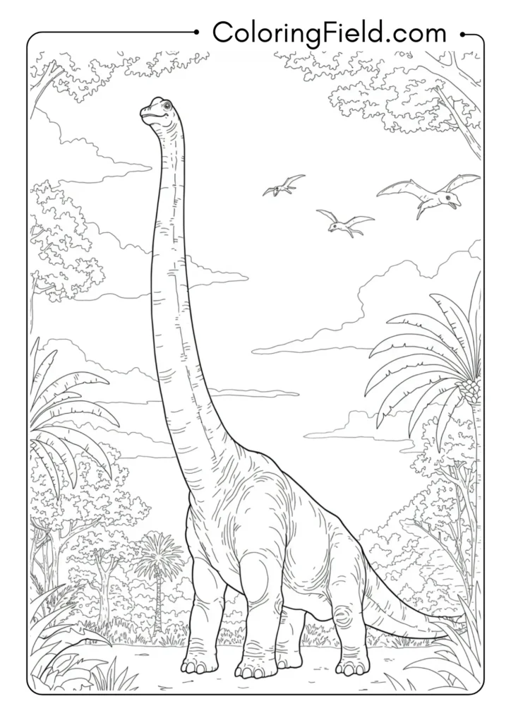 Low-angle view looking up at a towering Brachiosaurus