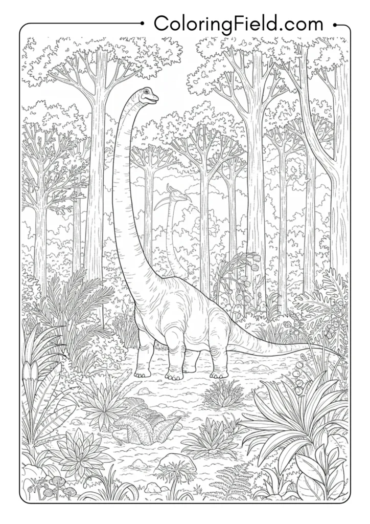 Lush Jurassic forest scene with a Brachiosaurus