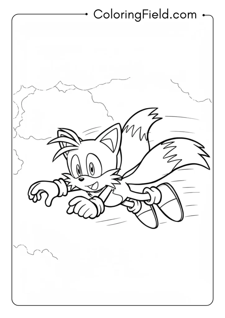 Miles _Tails_ Prower flying with his twin tails spinning, aerial view