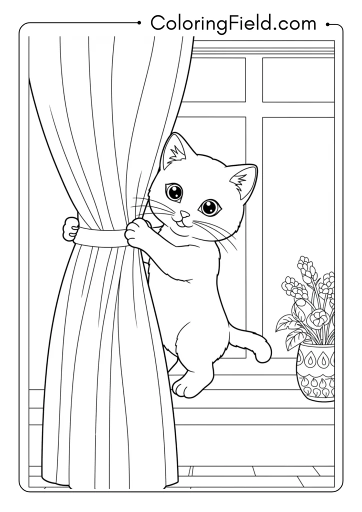 Mischievous Kitten Climbing Curtains