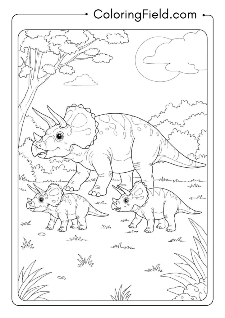 Mother Triceratops walking alongside two baby Triceratop