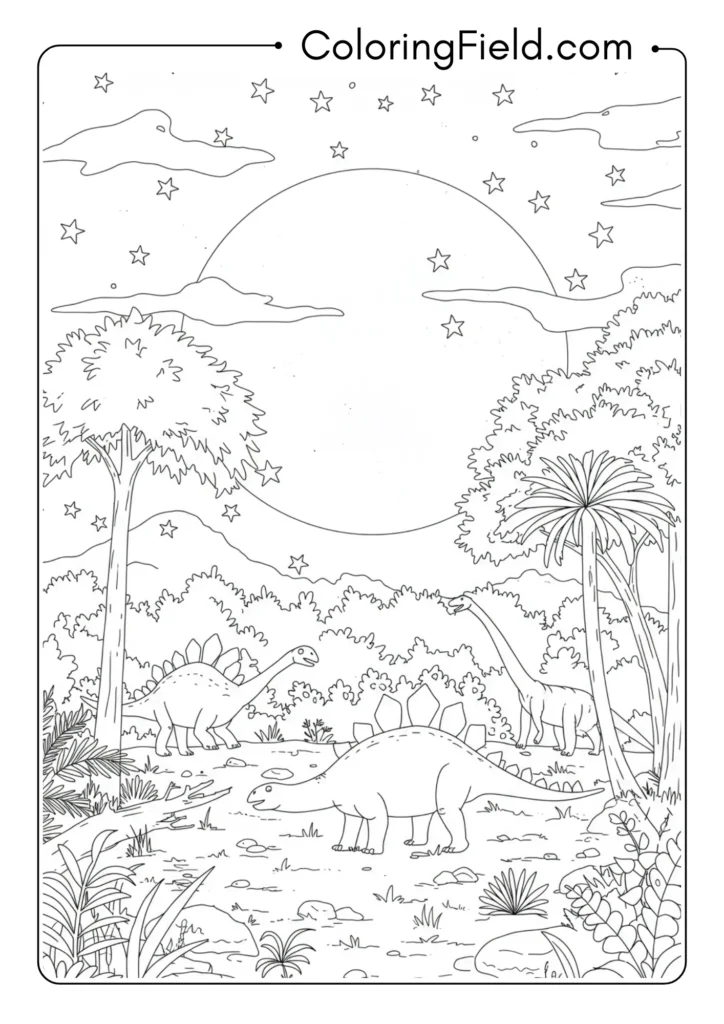 Nighttime prehistoric scene with dinosaur silhouettes against a starry sky