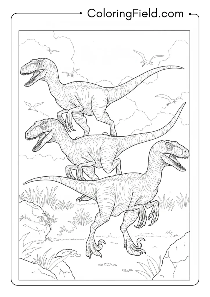 Pack of three Velociraptors in coordinated hunting formation