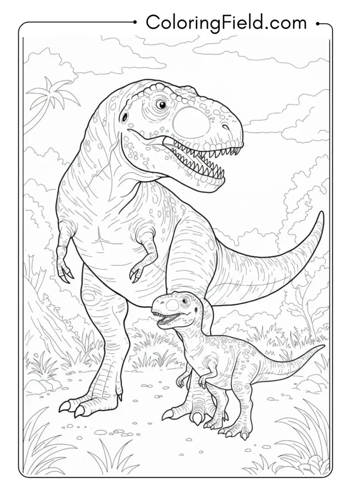Parent T-Rex standing protectively next to a baby T-Rex