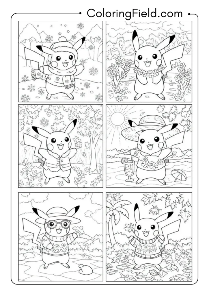 Pikachu in different seasons (winter, spring, etc.)