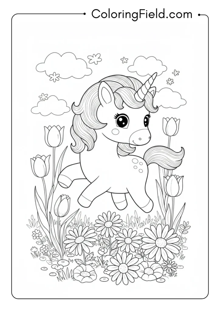 Playful Unicorn in Flower Field