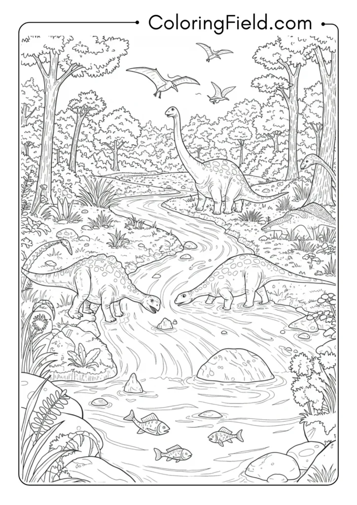 Prehistoric river scene showing dinosaurs crossing or drinking