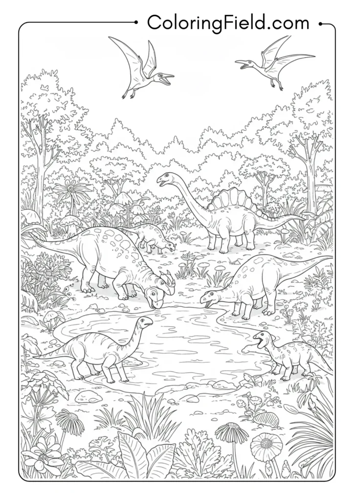 Prehistoric watering hole surrounded by simple outlines of period-appropriate plants, with multiple dinosaur species