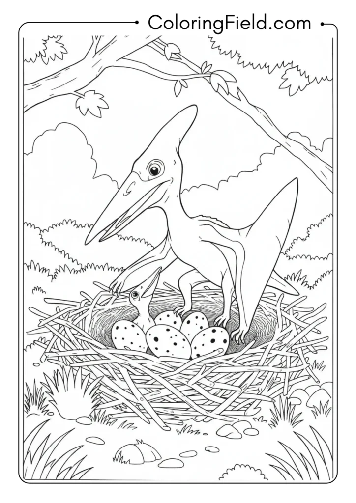 Pterodactyl caring for eggs in simple nest structure