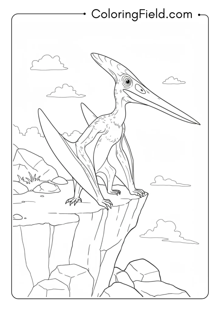 Pterodactyl perched on a cliff edge with wings partially folded