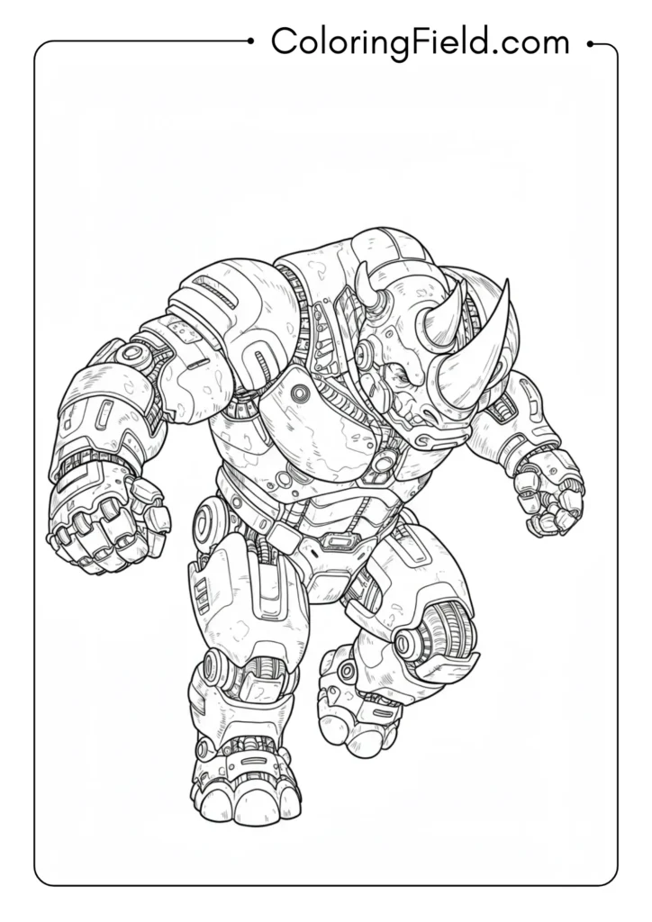 Rhino charging forward with his massive horn pointing outward