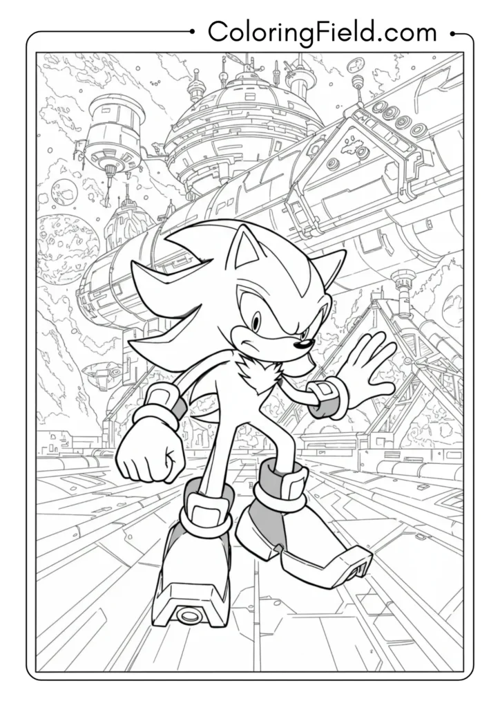 Shadow with space colony ARK in background, story scene