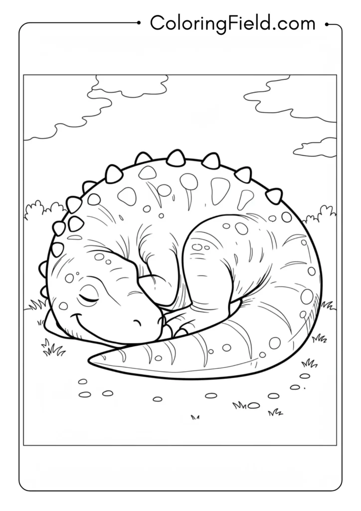 Sleeping T-Rex curled up with head resting on tail