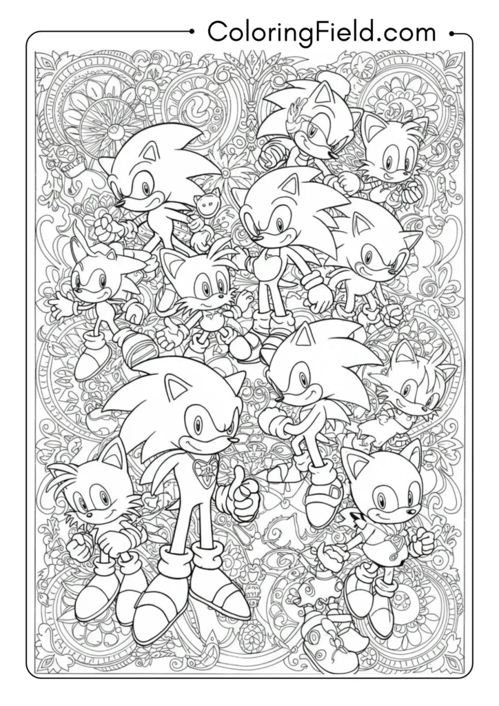 Sonic characters arranged in a circular design, decorative layout